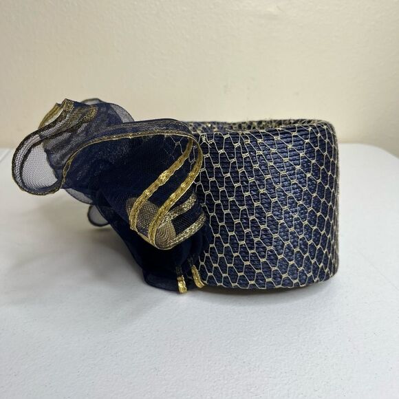 Vintage 80s Sylvia Church Lady Hat Navy Gold Metallic Mesh Netting Union Made US main image 9